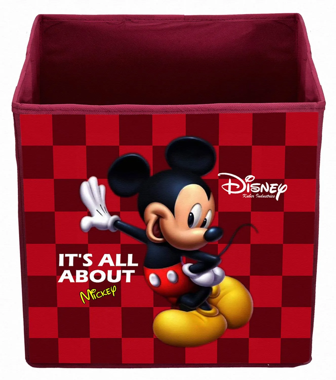 Kuber Industries Disney Mickey Mouse Print Non Woven Fabric Square Foldable Storage Cube Box with Handle (Large Size, Maroon)