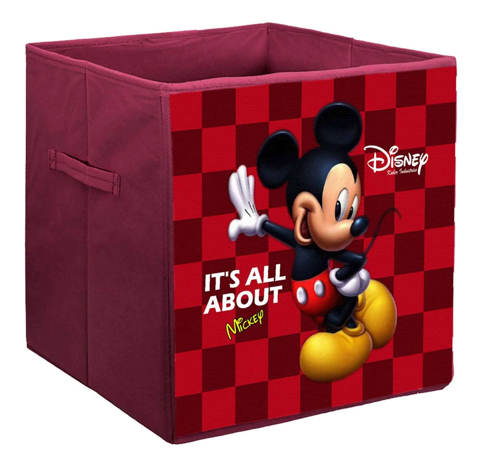 Kuber Industries Disney Mickey Mouse Print Non Woven Fabric Square Foldable Storage Cube Box with Handle (Large Size, Maroon)