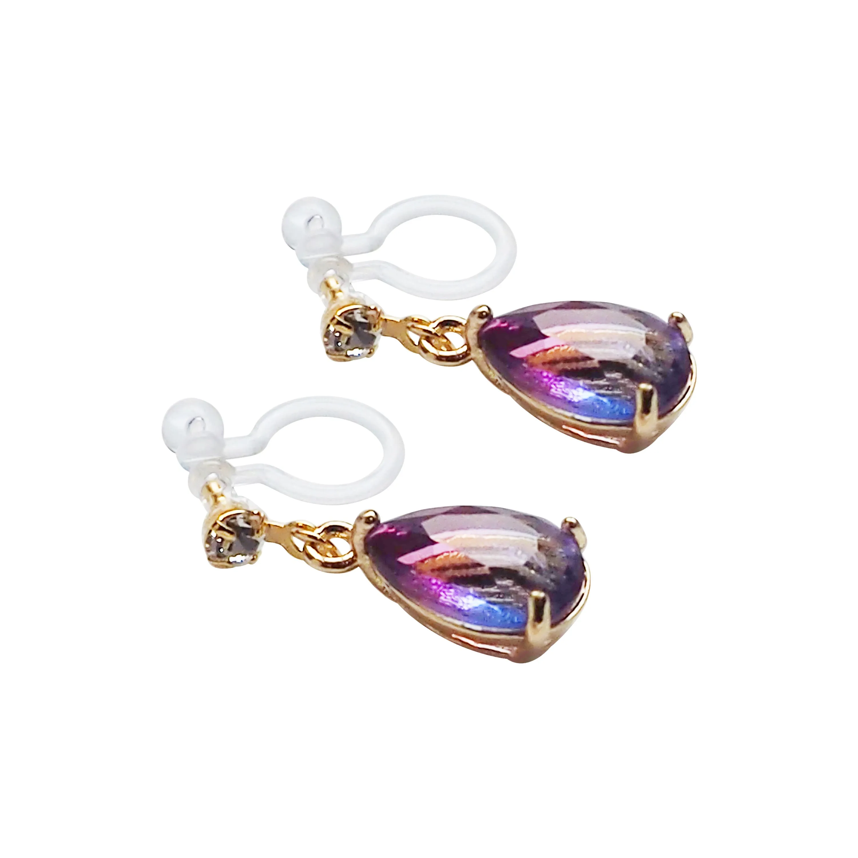 Light Purple Teardrop Crystal Invisible Clip On Earrings