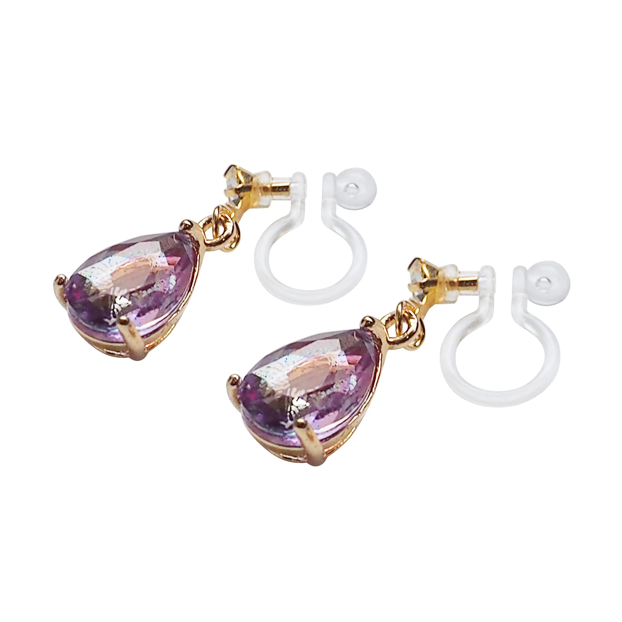 Light Purple Teardrop Crystal Invisible Clip On Earrings