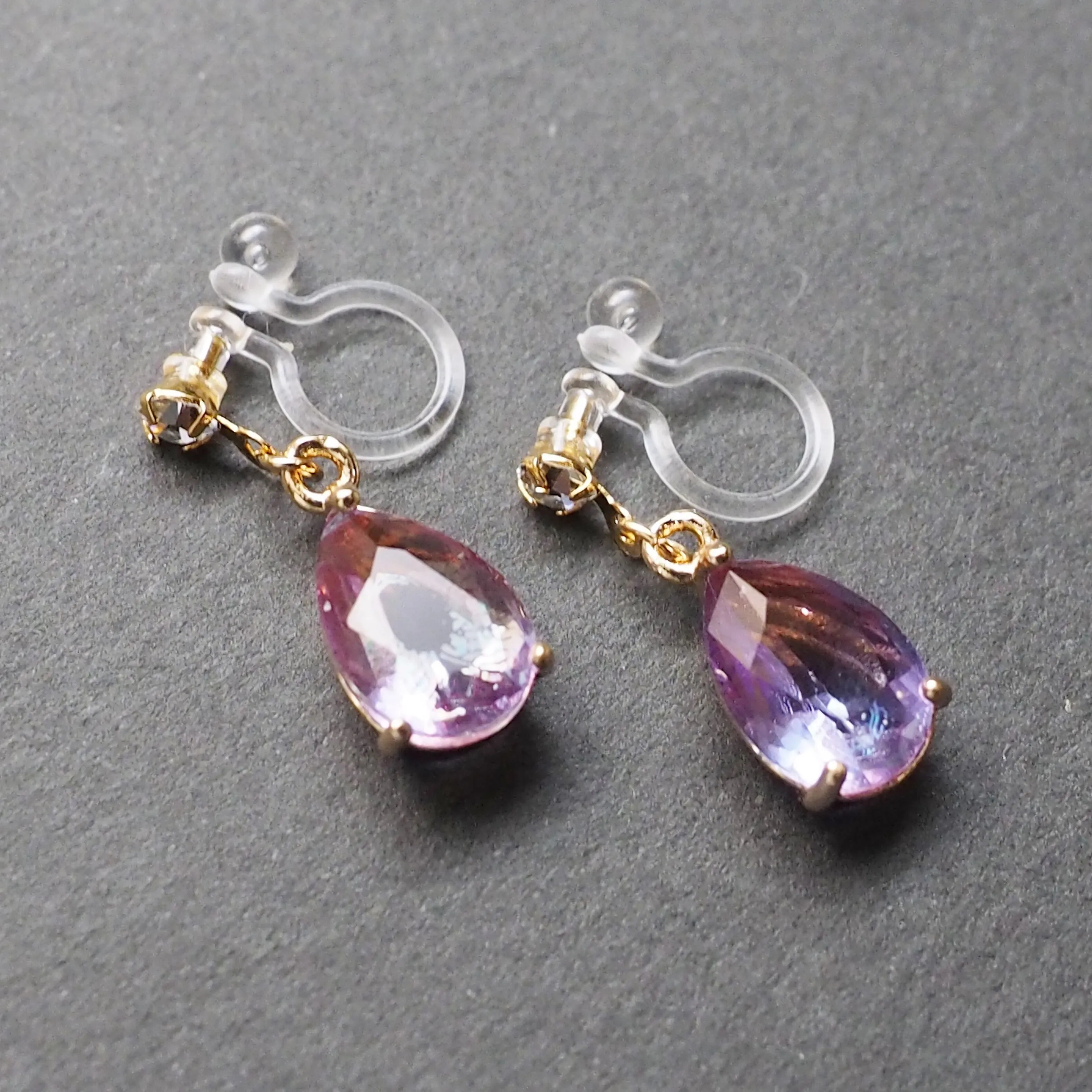 Light Purple Teardrop Crystal Invisible Clip On Earrings