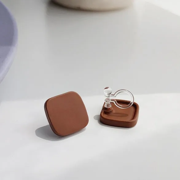 Minimal Square Dark Red Invisible Clip On Stud Earrings