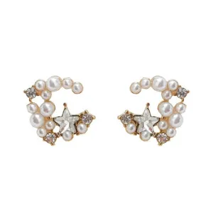 Moon Space Crystal Rhinestone White Pearl Invisible Clip On Earrings