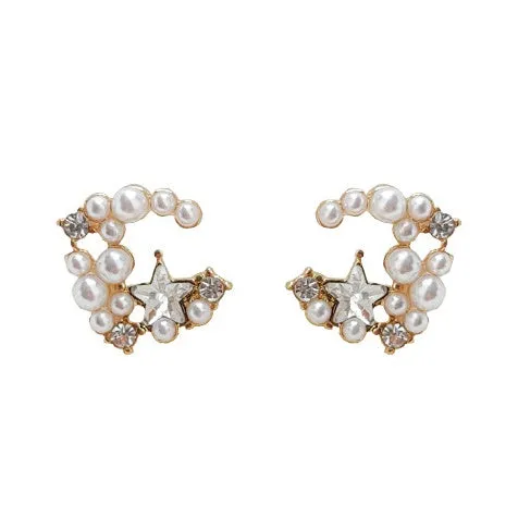 Moon Space Crystal Rhinestone White Pearl Invisible Clip On Earrings