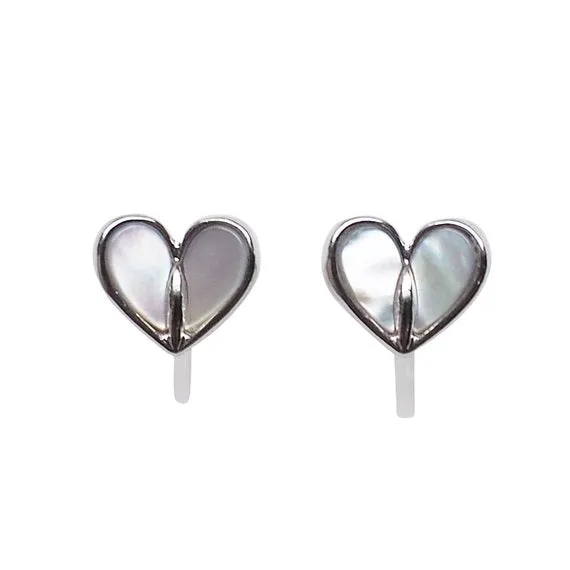 Mother Of Pearl Heart Invisible Clip On Stud Earrings (Silver tone)