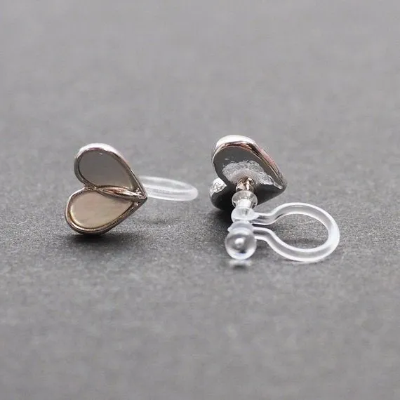 Mother Of Pearl Heart Invisible Clip On Stud Earrings (Silver tone)