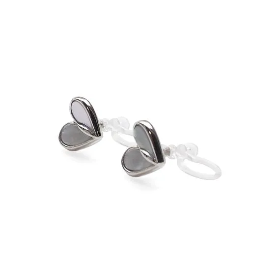 Mother Of Pearl Heart Invisible Clip On Stud Earrings (Silver tone)