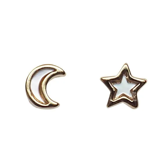 Mother Of Pearl Star and Moon Invisible Clip On Stud Earrings (Gold tone)