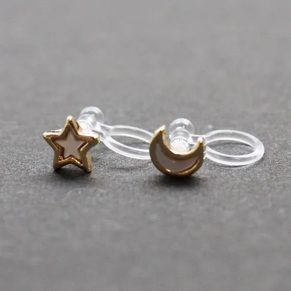 Mother Of Pearl Star and Moon Invisible Clip On Stud Earrings (Gold tone)