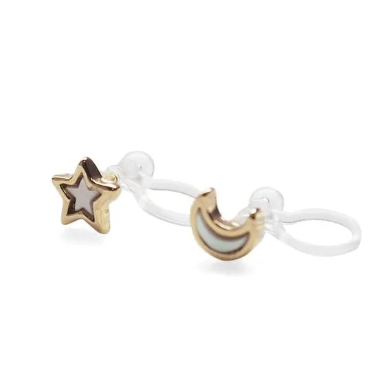 Mother Of Pearl Star and Moon Invisible Clip On Stud Earrings (Gold tone)