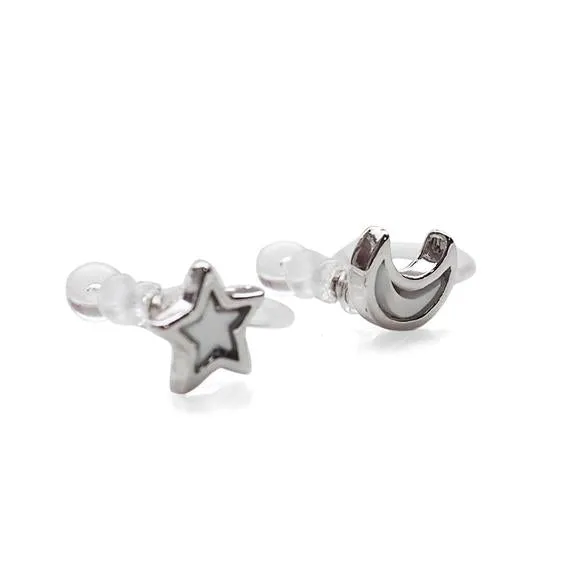 Mother Of Pearl Star and Moon Invisible Clip On Stud Earrings (Silver tone)