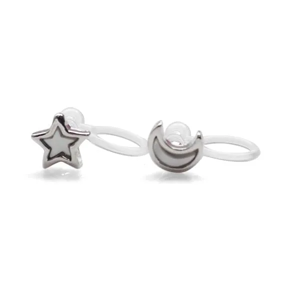 Mother Of Pearl Star and Moon Invisible Clip On Stud Earrings (Silver tone)