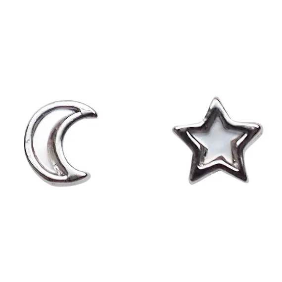 Mother Of Pearl Star and Moon Invisible Clip On Stud Earrings (Silver tone)