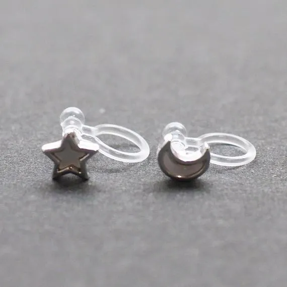 Mother Of Pearl Star and Moon Invisible Clip On Stud Earrings (Silver tone)