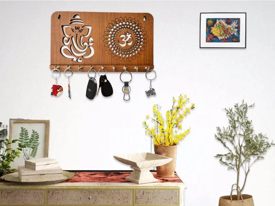 My Dream Carts Ganesha Om Chakra Key Holder for Home Decor Items | Stylish Key Hanger Wall Mounted Decoration | Handicraft Key Chain Stand | Wooden Keychain Hangers for Office | Wood Keys Organizer