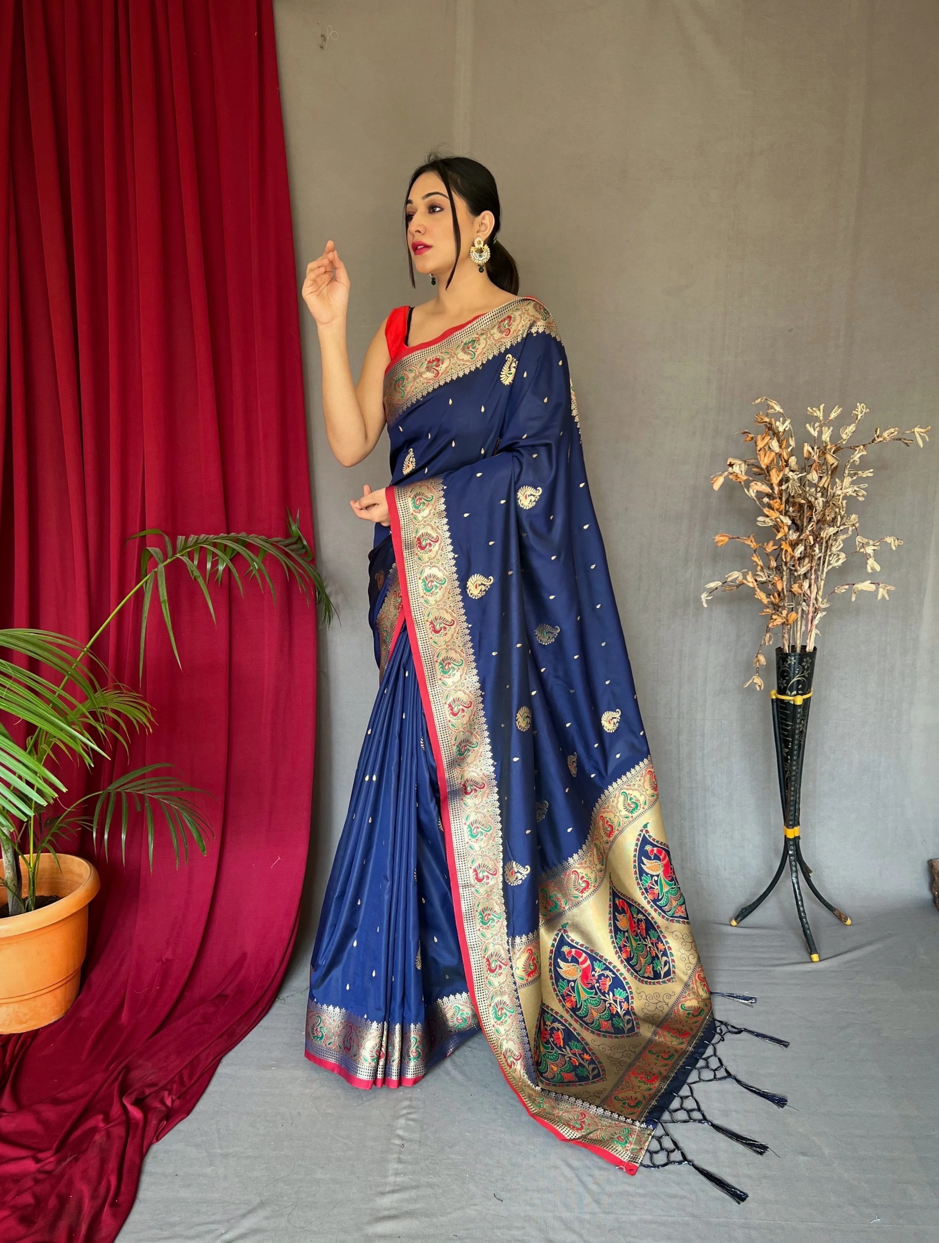 Navy Blue Saree in Paithani Silk Peacock Zari Woven