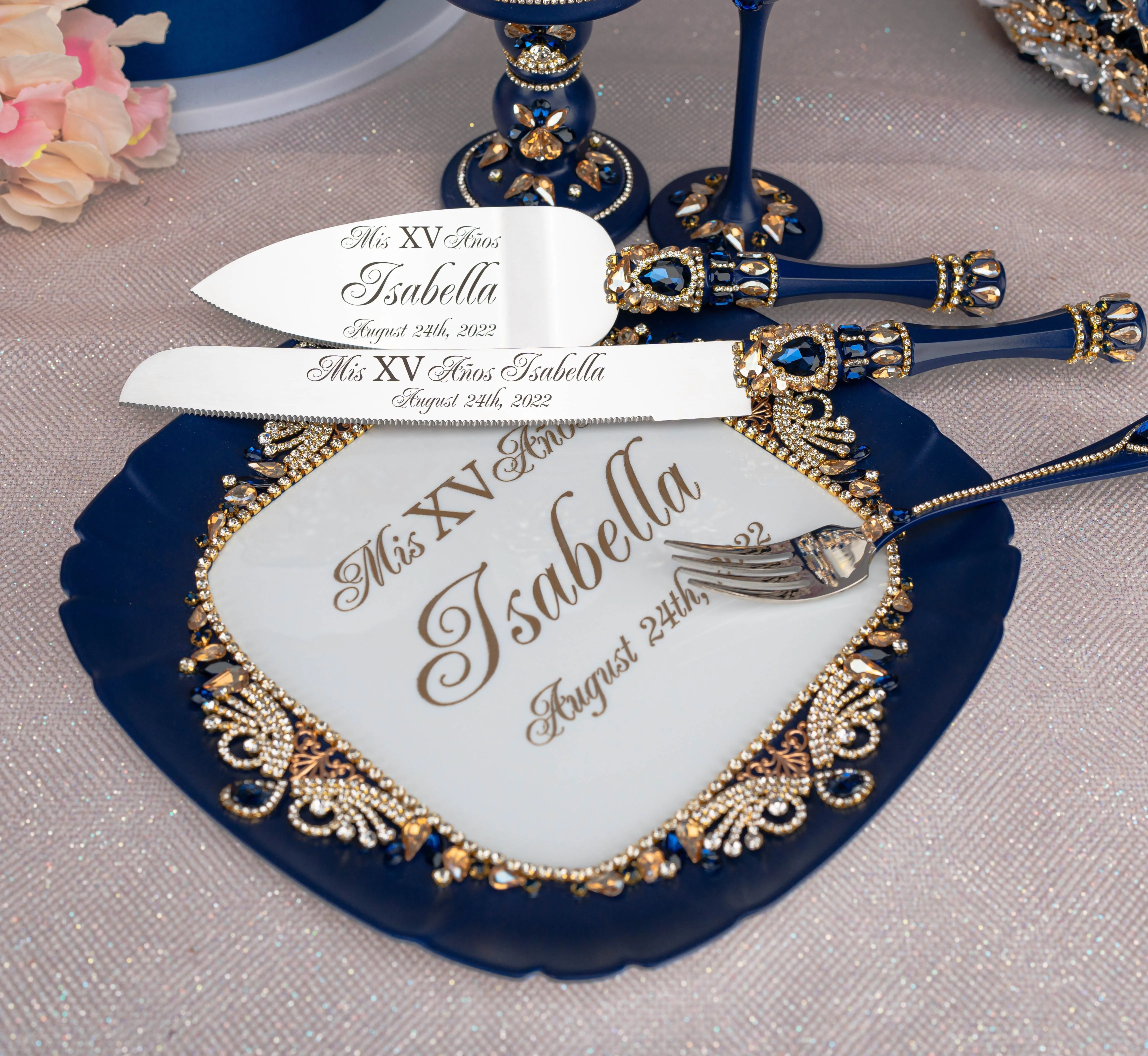 Navy blue with gold quinceanera toasting package