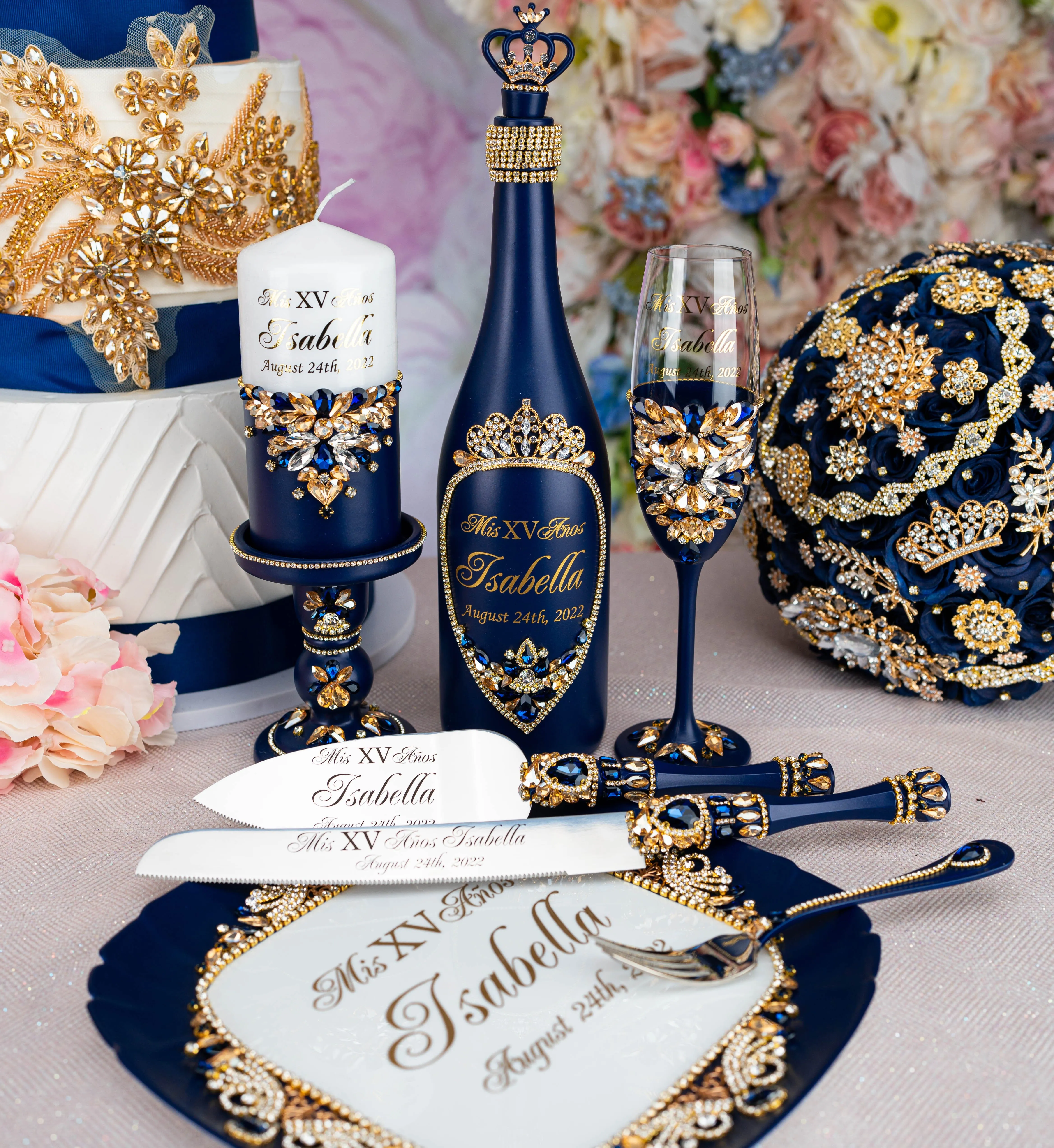 Navy blue with gold quinceanera toasting package