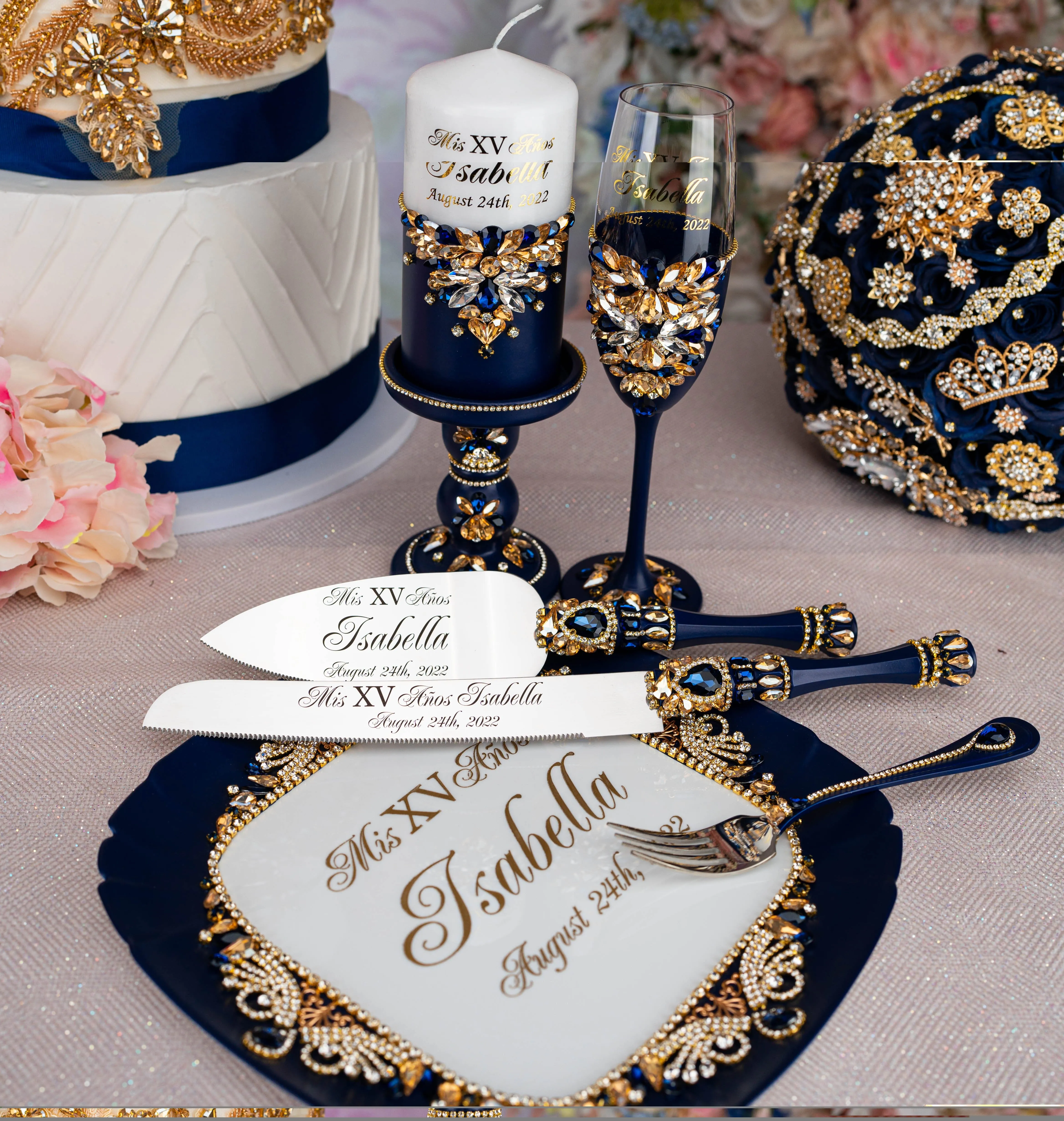 Navy blue with gold quinceanera toasting package