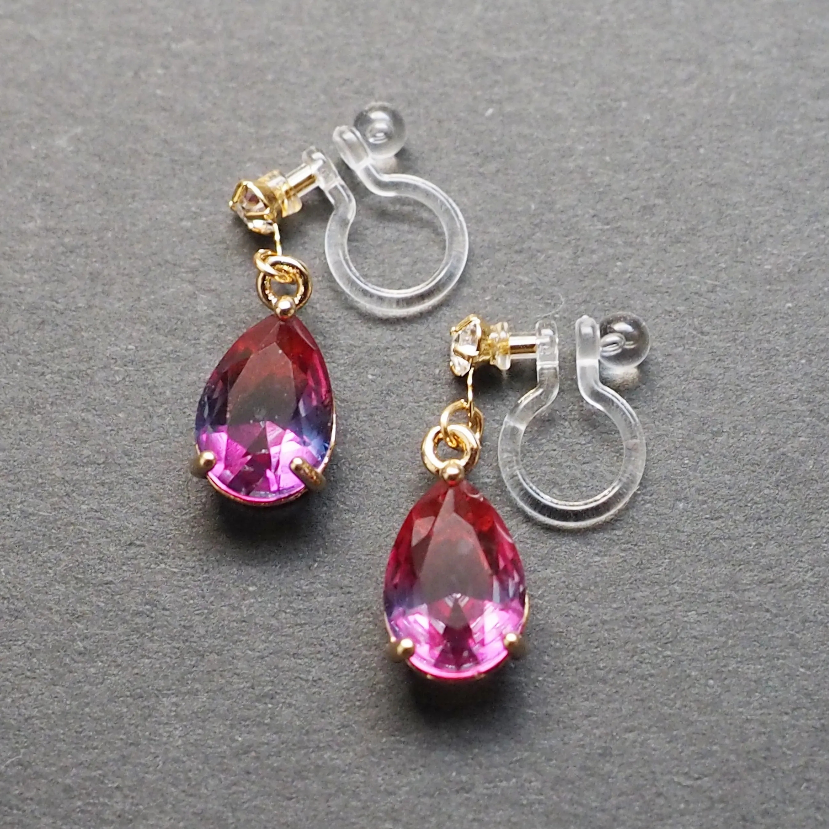 Pink & Navy Blue Teardrop Crystal Invisible Clip On Earrings