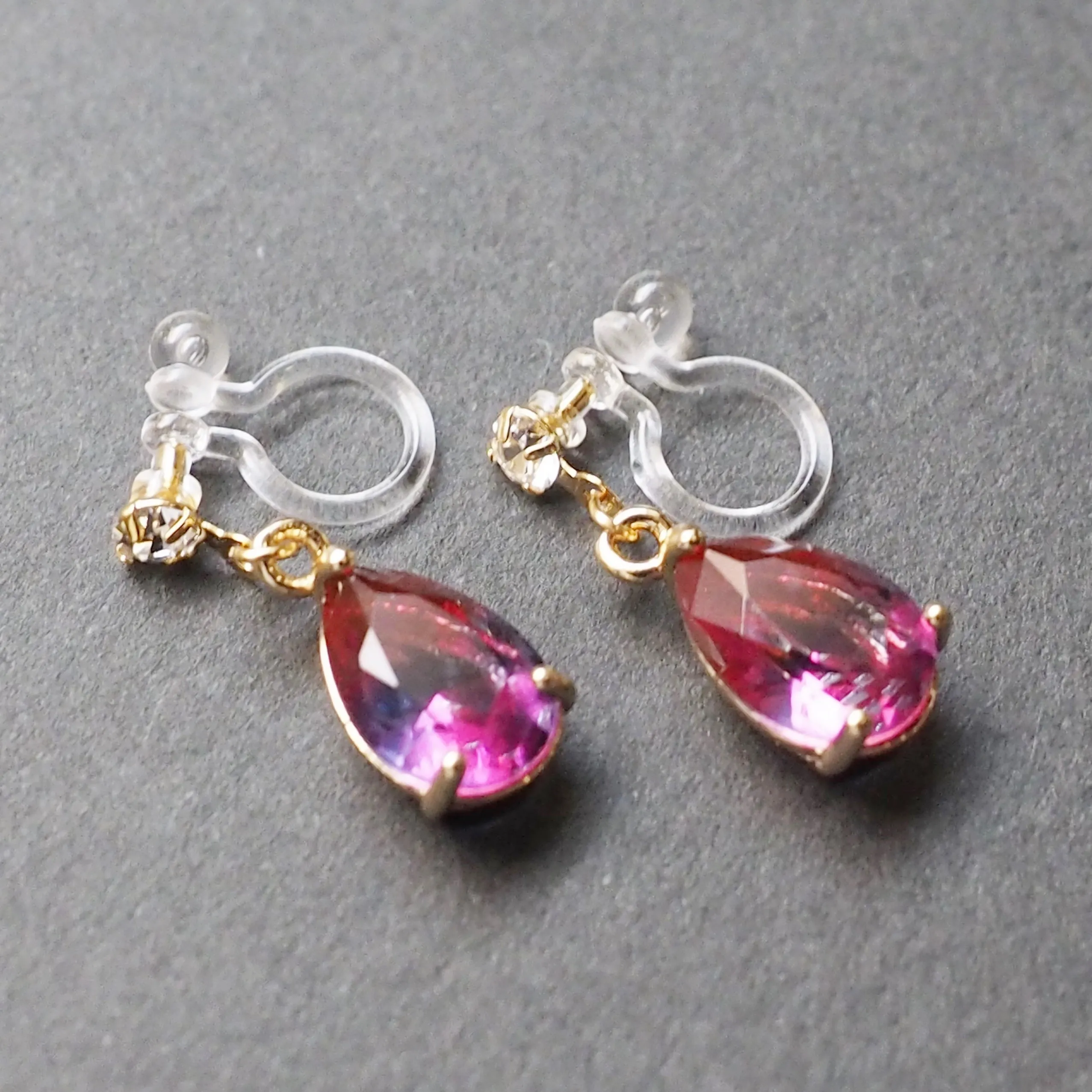 Pink & Navy Blue Teardrop Crystal Invisible Clip On Earrings