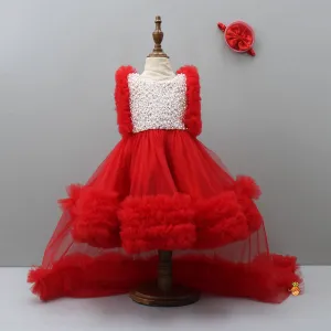 Pre Order: Glamorous Red Frilled Dress With Detachable Trail And Head Band