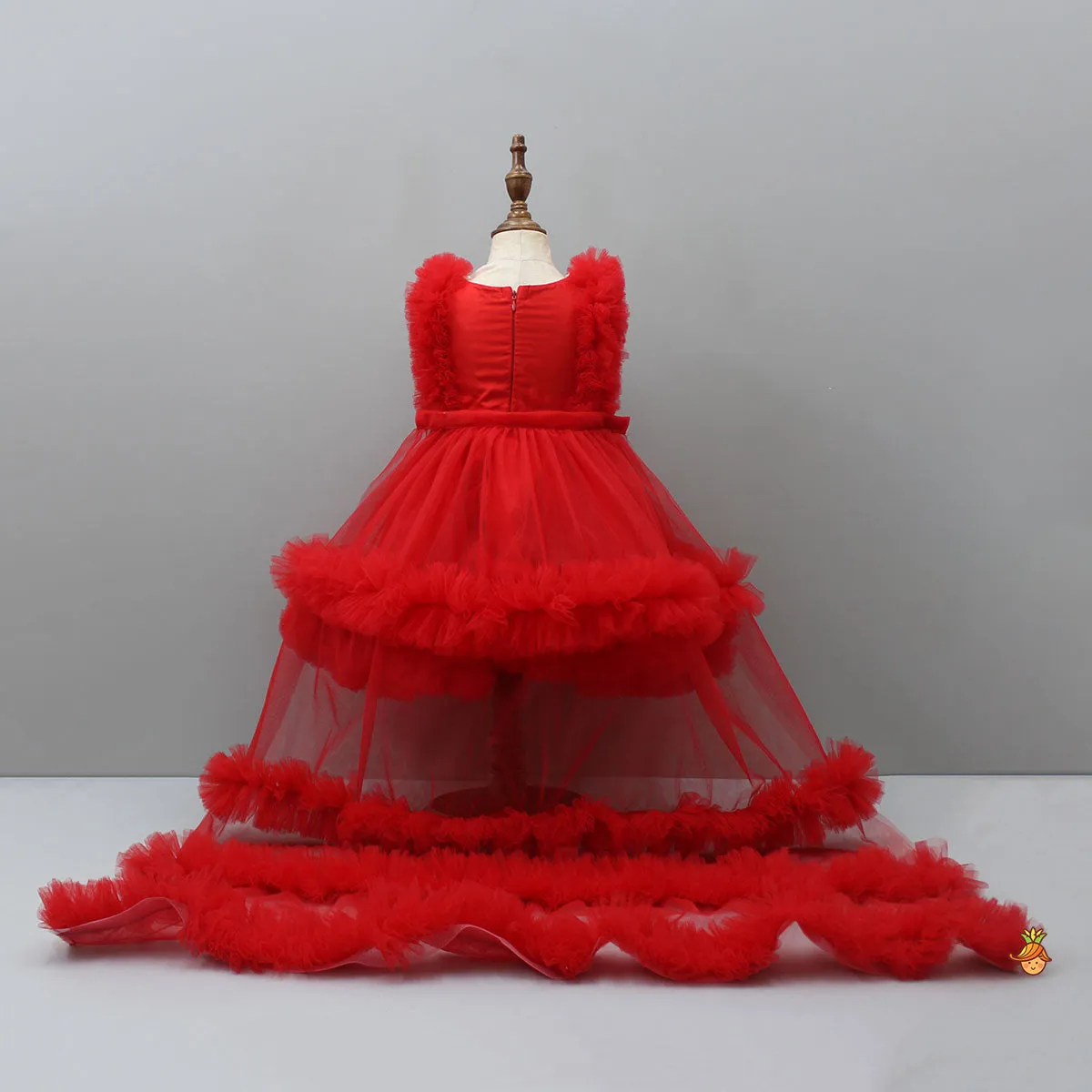 Pre Order: Glamorous Red Frilled Dress With Detachable Trail And Head Band