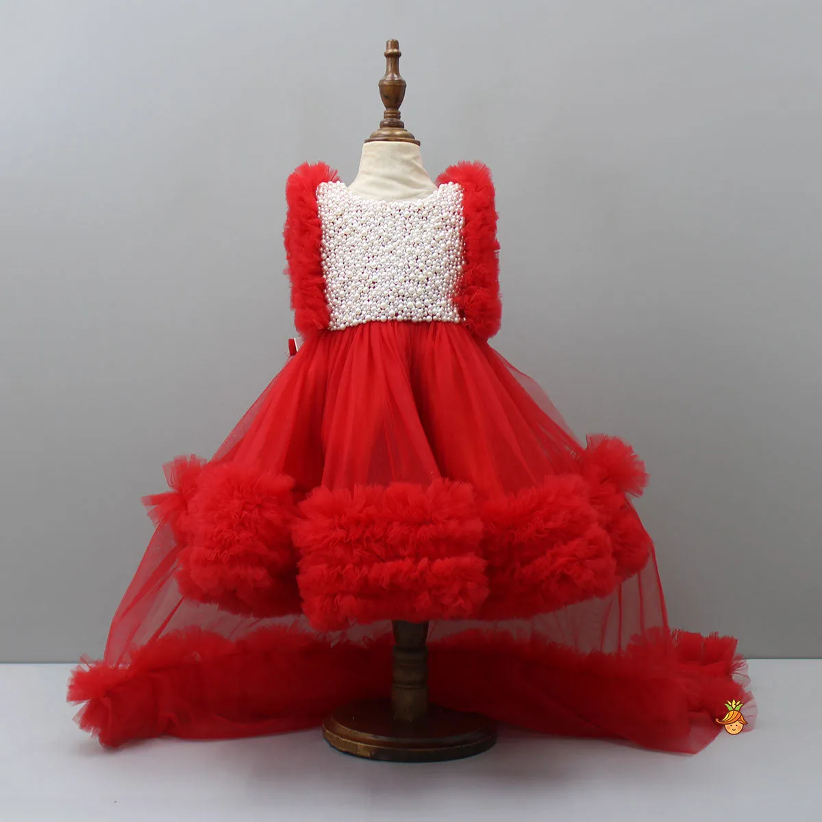 Pre Order: Glamorous Red Frilled Dress With Detachable Trail And Head Band