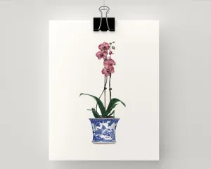 Print of a pink orchid in a blue and white pot