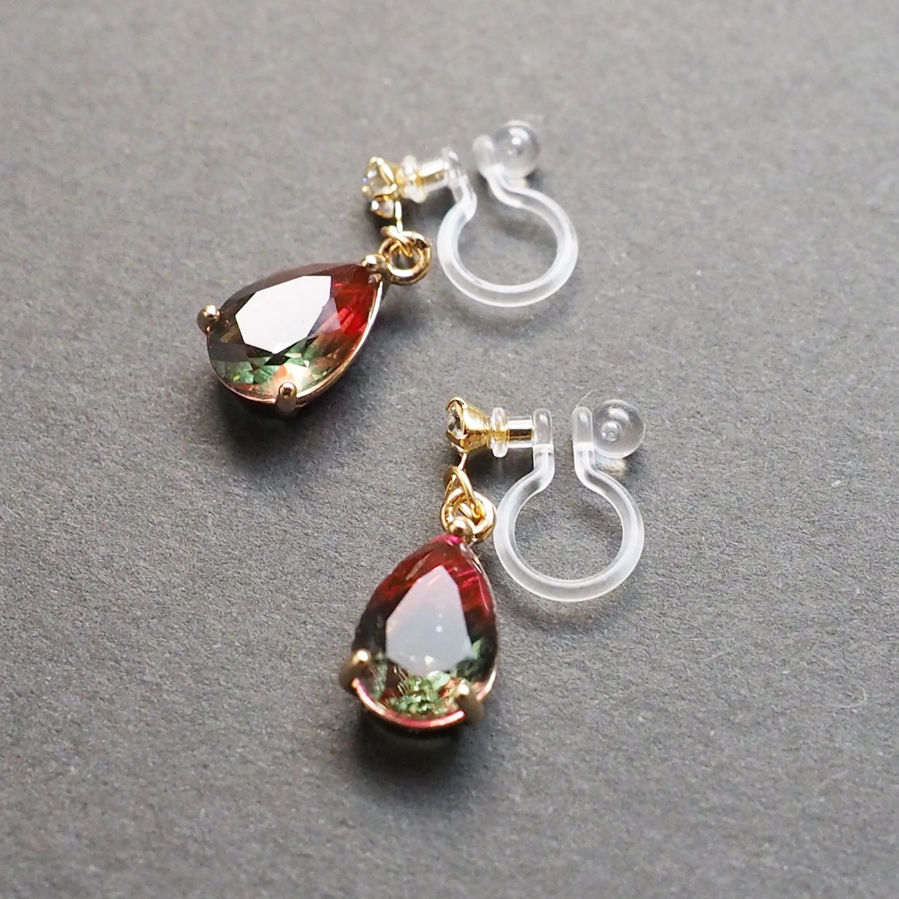 Red & Green Teardrop Crystal Invisible Clip On Earrings