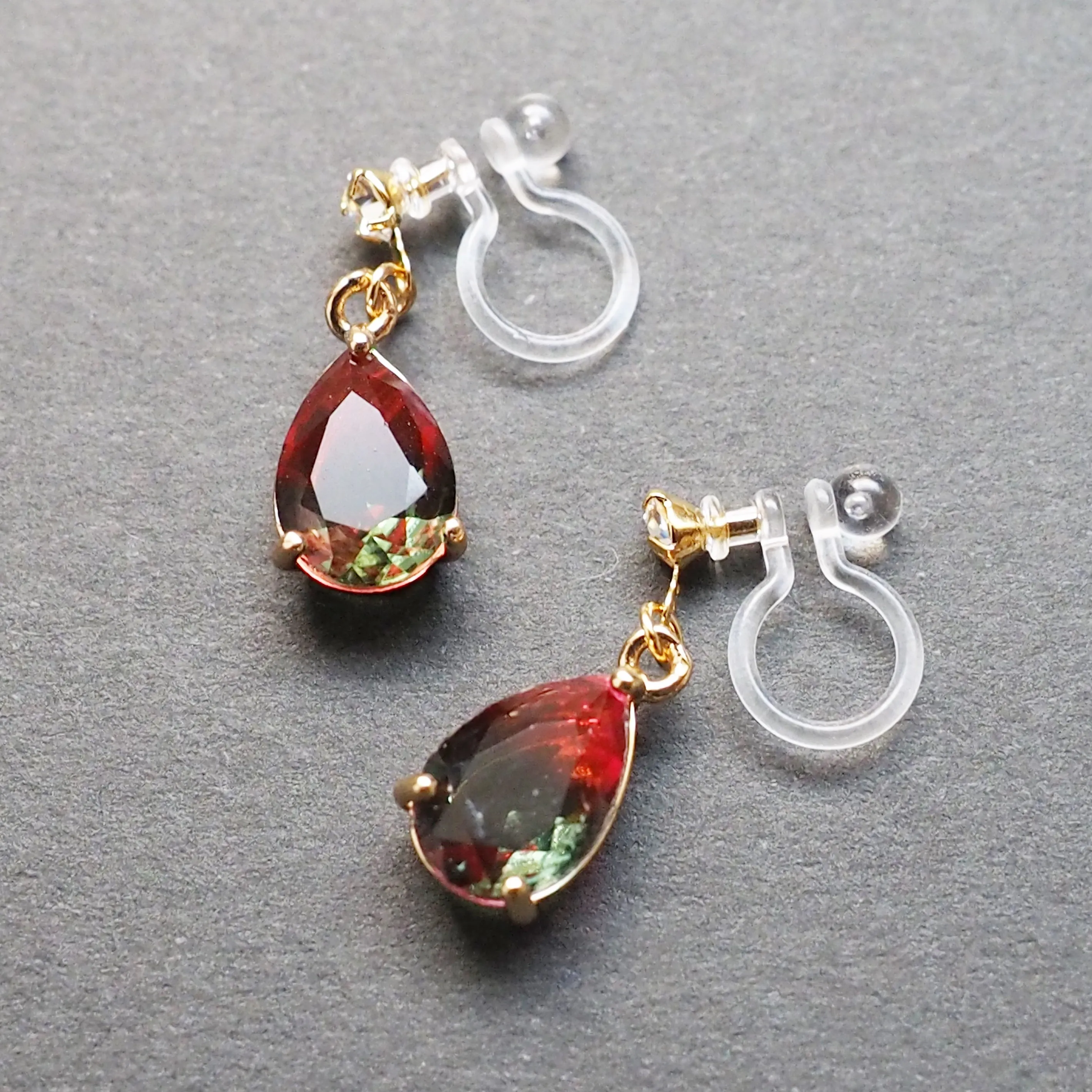 Red & Green Teardrop Crystal Invisible Clip On Earrings