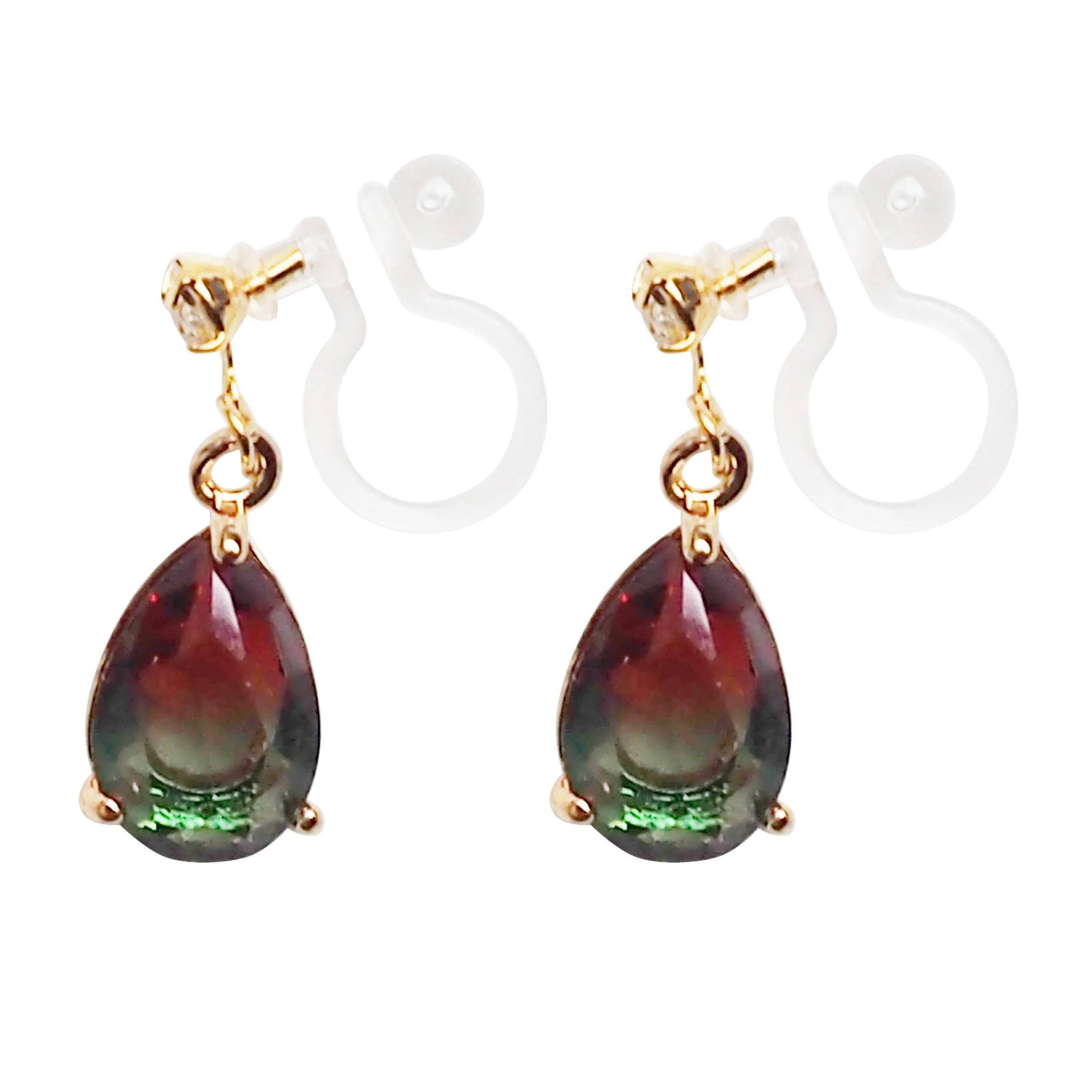 Red & Green Teardrop Crystal Invisible Clip On Earrings