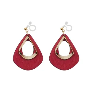 Red Wood Hoop Invisible Clip On Earrings