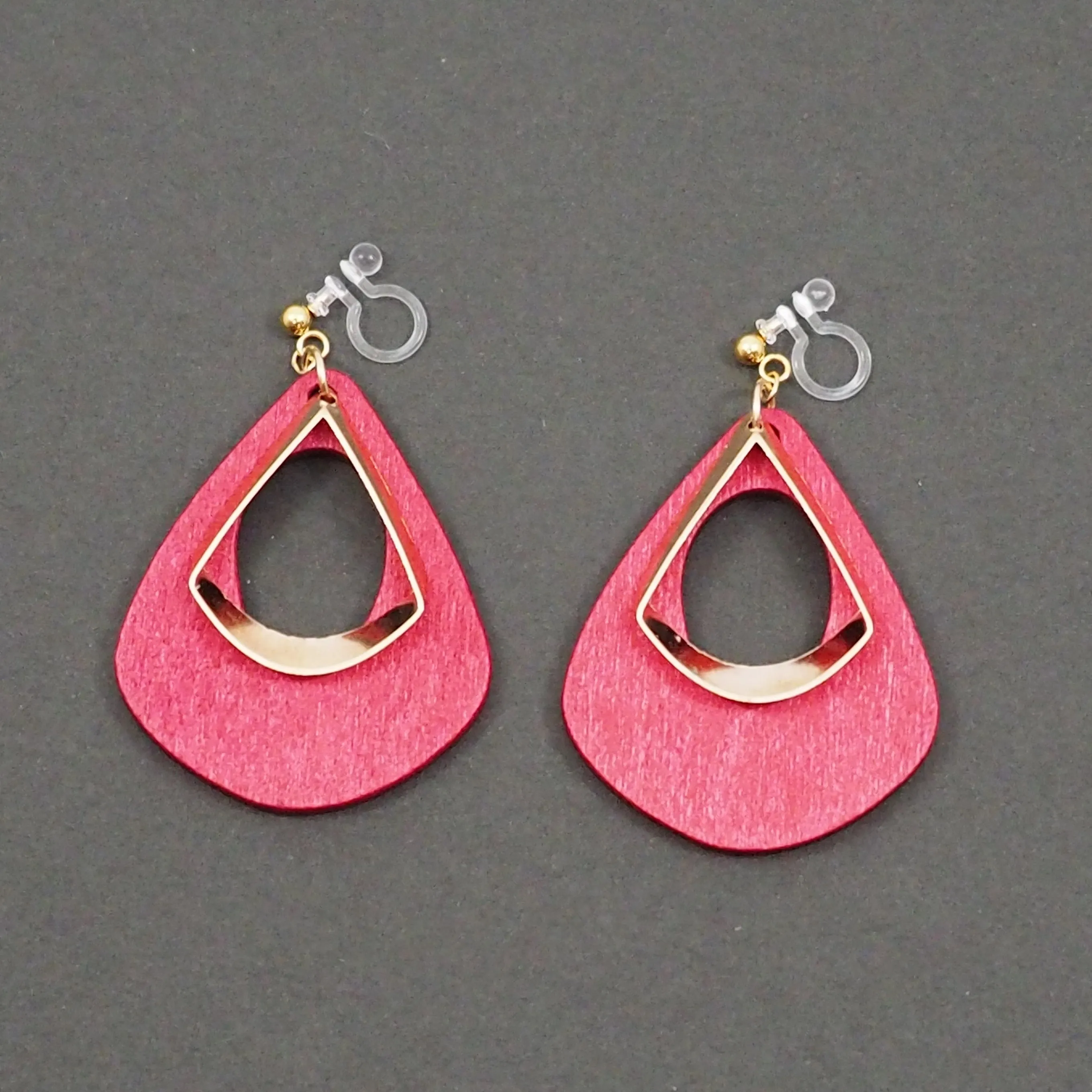 Red Wood Hoop Invisible Clip On Earrings