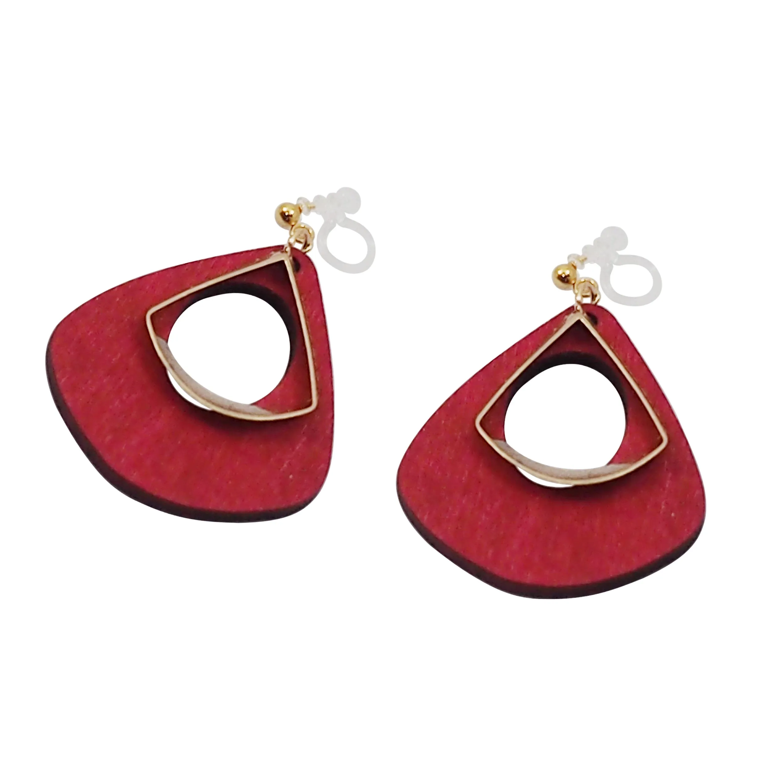 Red Wood Hoop Invisible Clip On Earrings