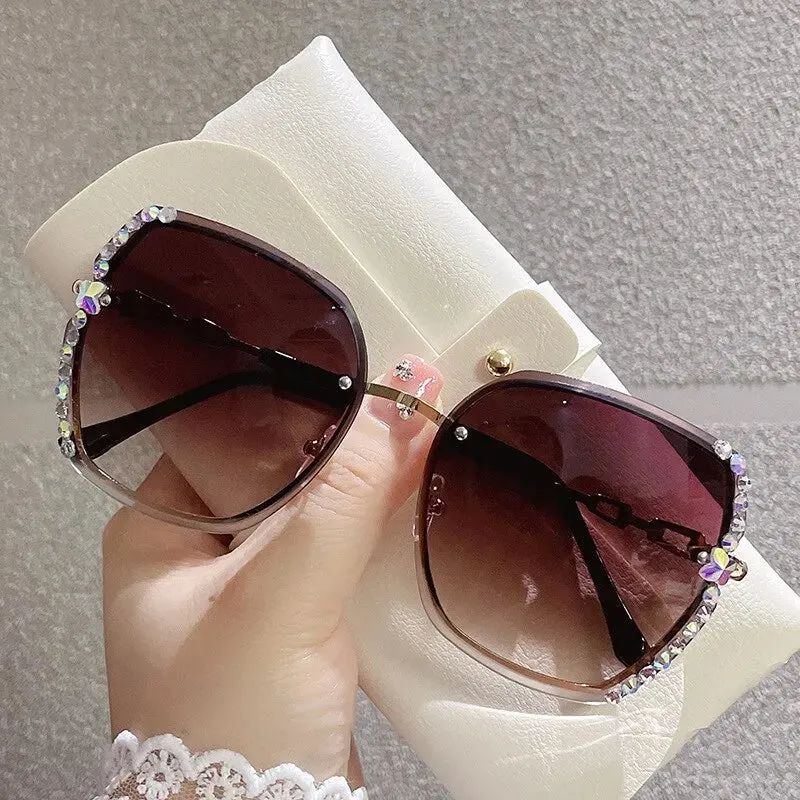 Rhinestone Decor Rimless Fashion Sunglasses For Women Men Casual Gradient Glasses For Summer Beach Party, UV400