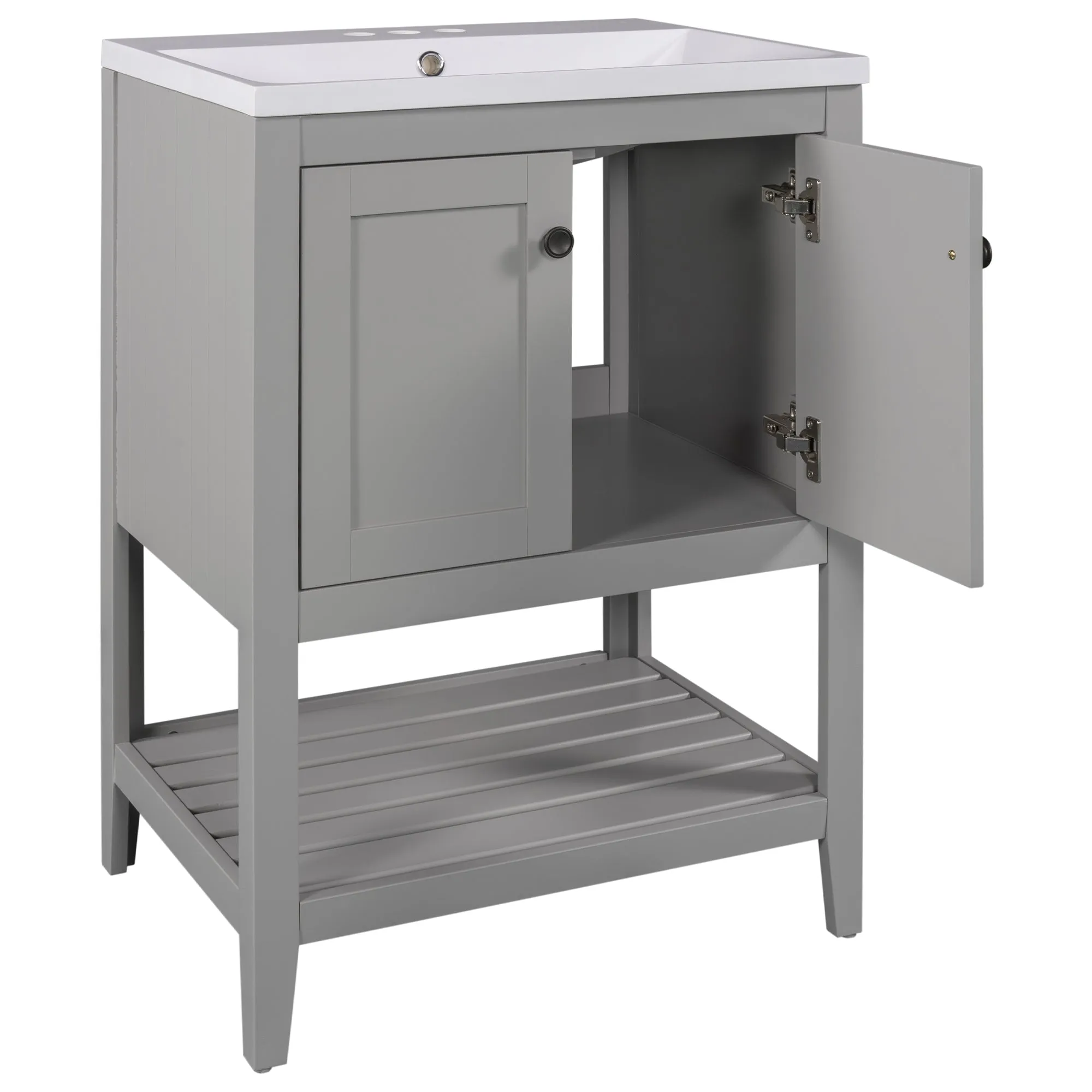 Sleek  Vanity Elegant Ceramic Sink with Solid Wood Frame - Gray