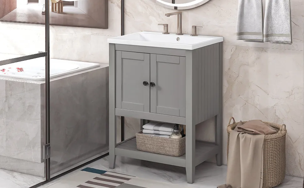 Sleek  Vanity Elegant Ceramic Sink with Solid Wood Frame - Gray