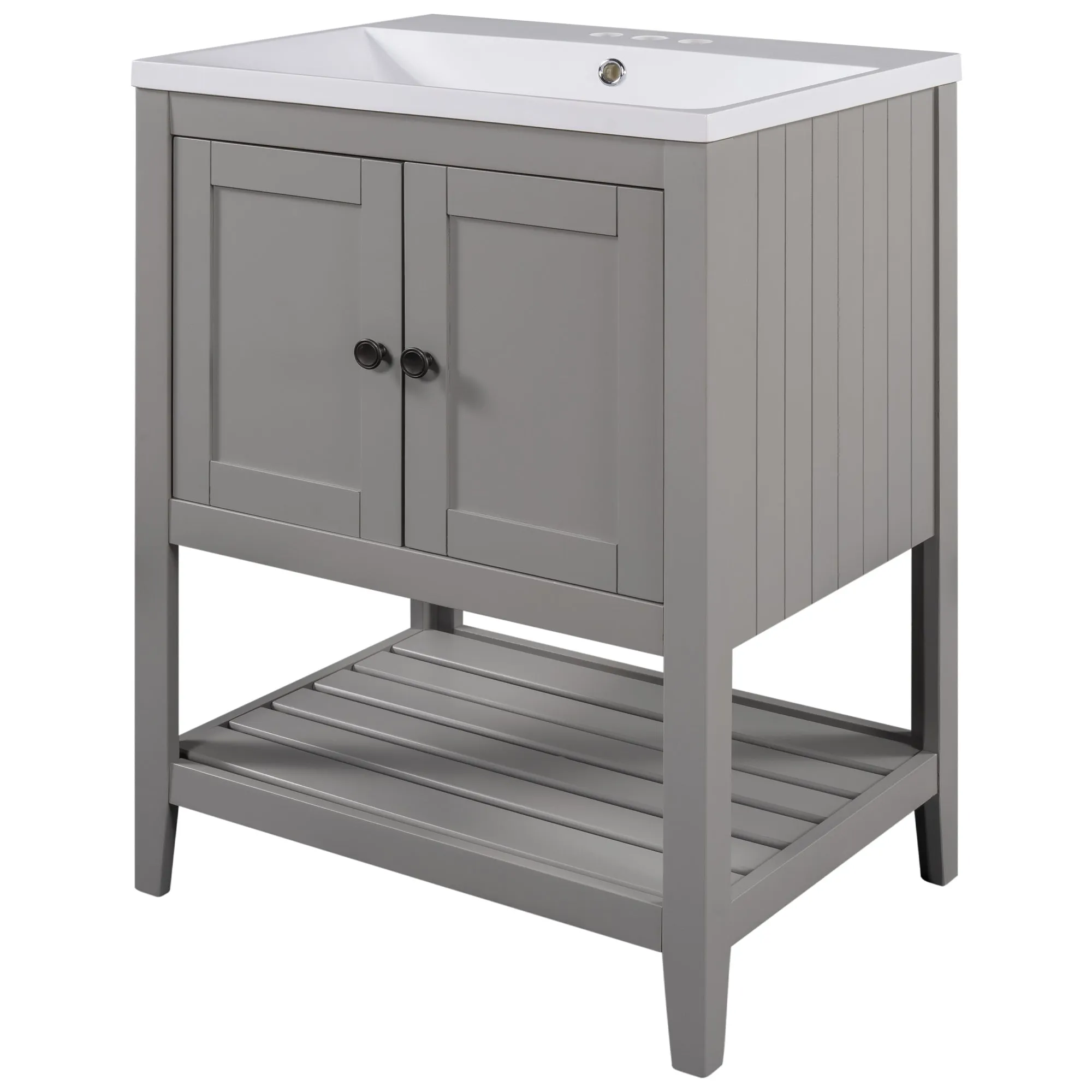 Sleek  Vanity Elegant Ceramic Sink with Solid Wood Frame - Gray