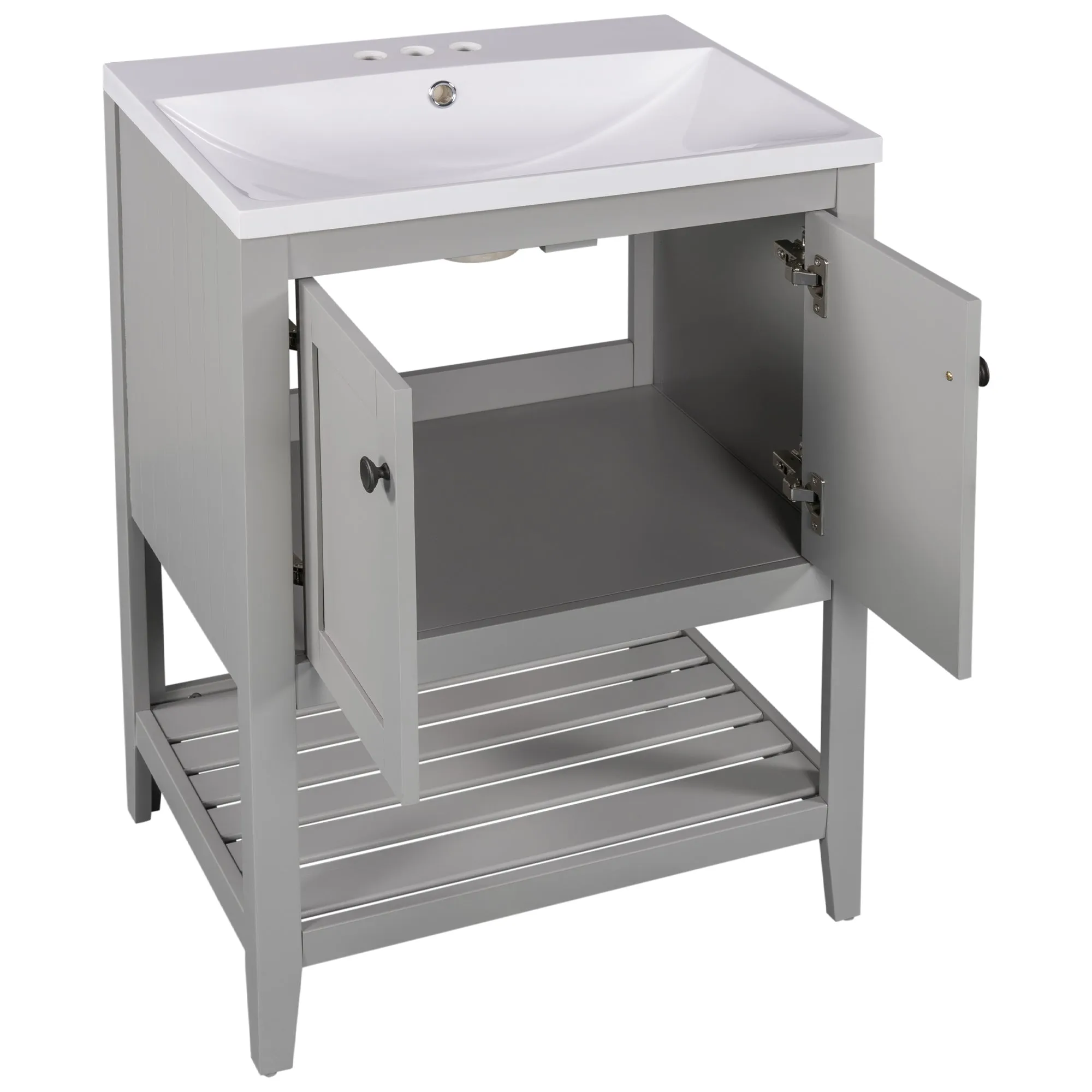 Sleek  Vanity Elegant Ceramic Sink with Solid Wood Frame - Gray