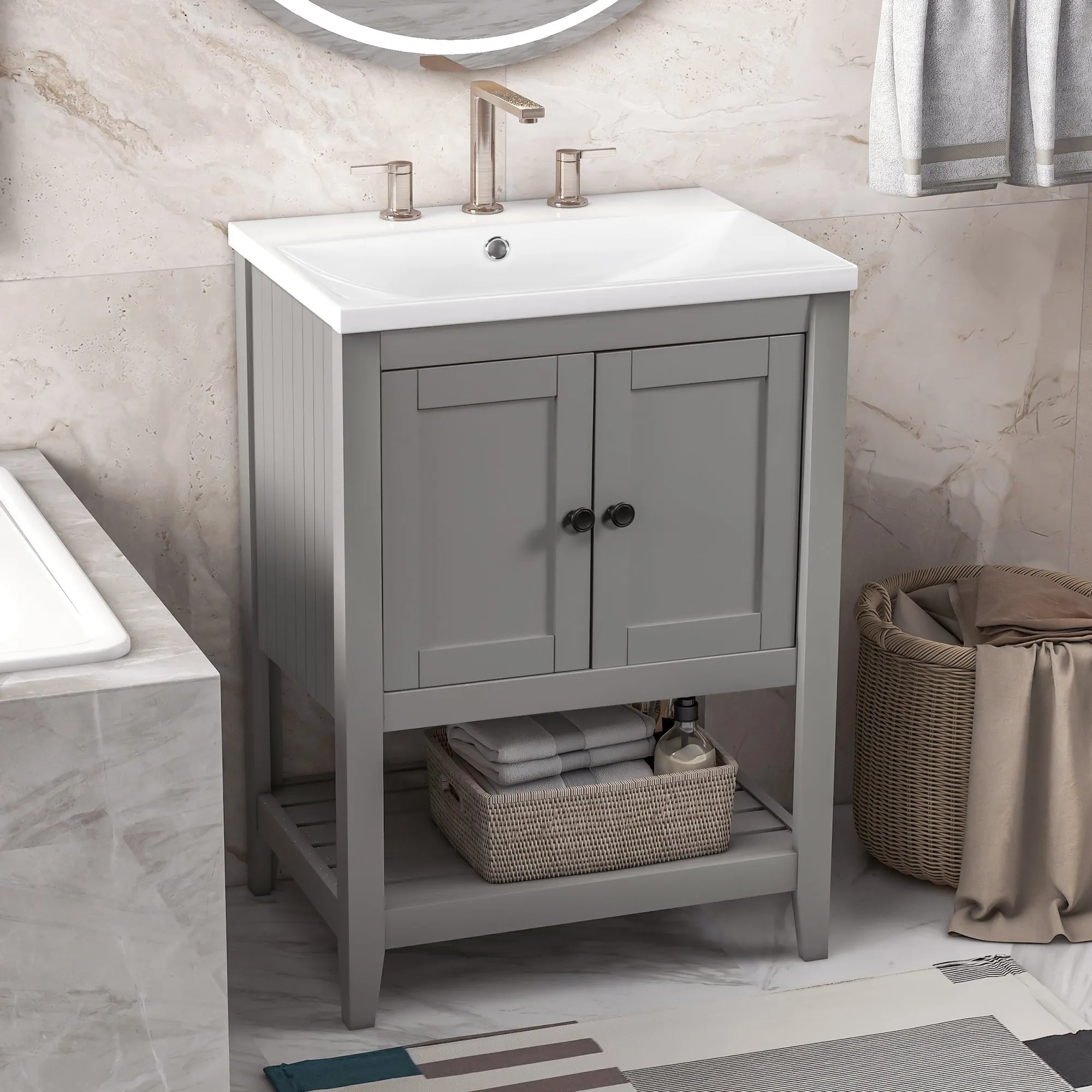 Sleek  Vanity Elegant Ceramic Sink with Solid Wood Frame - Gray