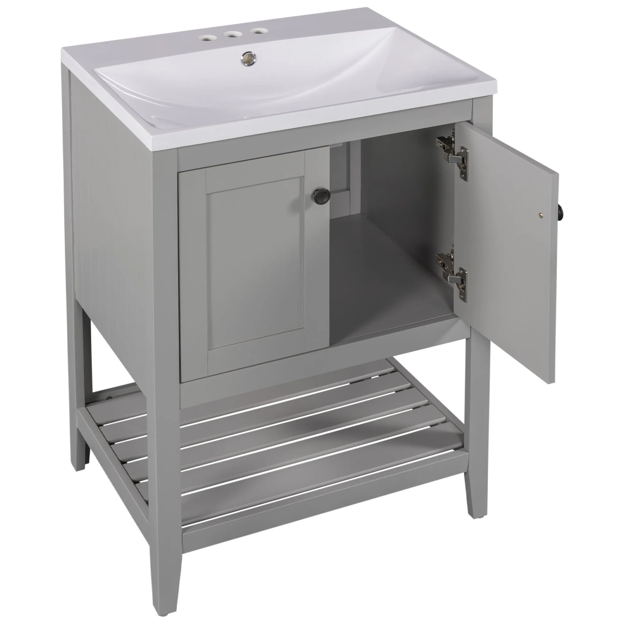 Sleek  Vanity Elegant Ceramic Sink with Solid Wood Frame - Gray