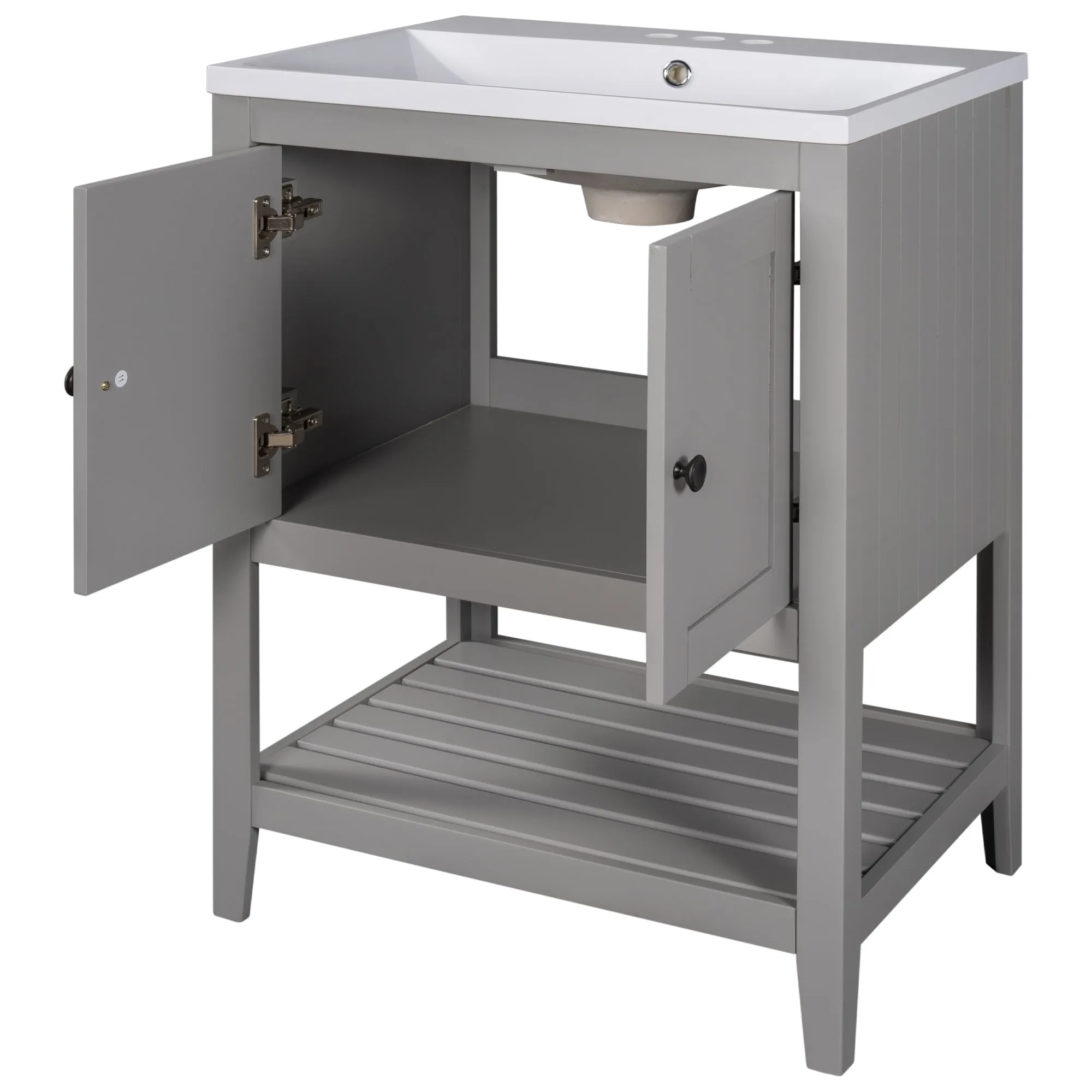 Sleek  Vanity Elegant Ceramic Sink with Solid Wood Frame - Gray